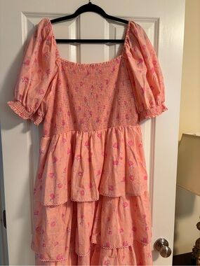 LoveShackFancy Peach Tiered Floral Puff-Sleeve Dress